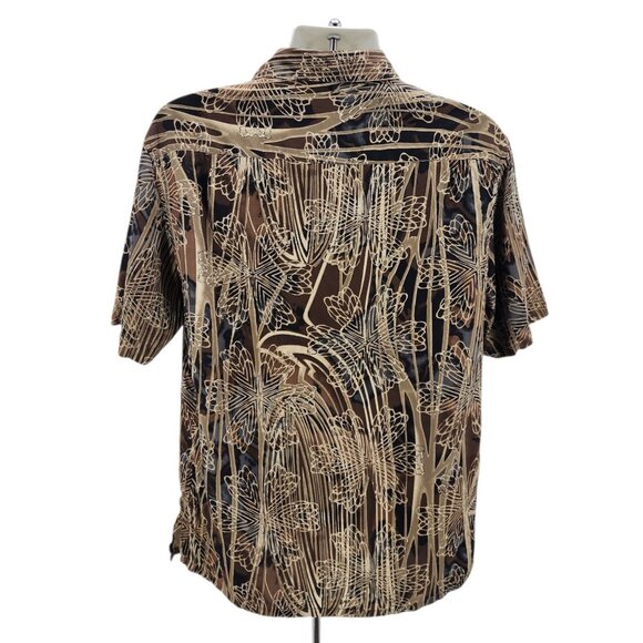 Axis LA Mens Medium Shirt Silk Hawaiian Floral Tan Brown Black Tropical Party - Picture 3 of 10